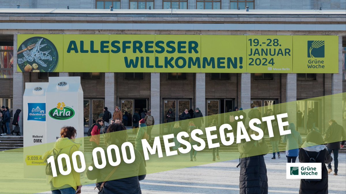 Knapp 💯 Tausend Messegäste auf der <a href="/gruenewoche/">Grüne Woche</a>  

Volle Hallen, rege Gespräche an den Ständen und ein vielfältiges Angebot. Noch bis zum 28. Januar lädt die #GrüneWoche zum Besuch. ▶️ gruenewoche.de/de/presse/pres… #GW2024 #MesseBerlin #Gastgeber