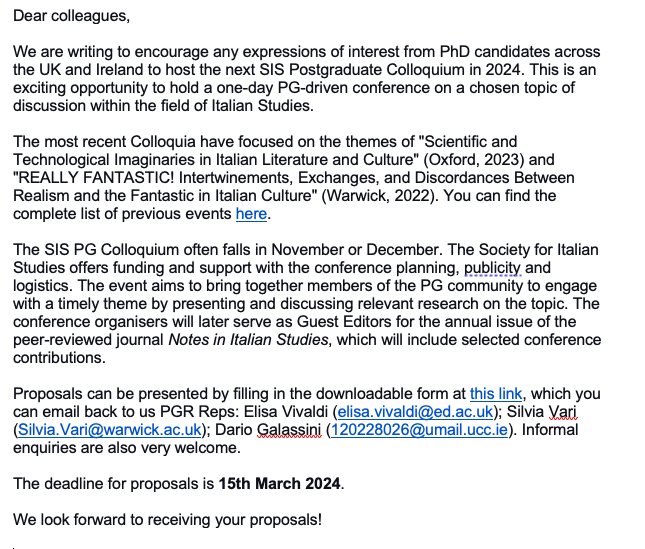 The Call for Proposals for the 2024 SIS PG Colloquium is now open. Deadline is 15th March 2024

The application form is available here italianstudies.org.uk/the-society/fo… 

We are looking forward to reading your proposals!