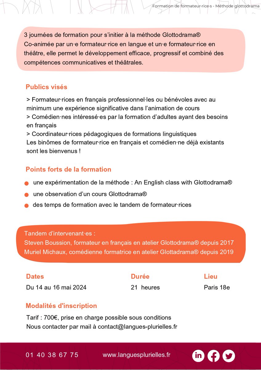 LanguesP's tweet photo. [Formation de formateur·rices] 

Nous avons le plaisir de proposer une formation de formateur·rices pour découvrir et s’initier à la méthode Glottodrama® : l’apprentissage des langues par le théâtre

🕐 21h 
🗓️ mai 2024
📍 Paris 18

+ d'info : contact@langues-plurielles.fr https://t.co/3FdRPPUzs6