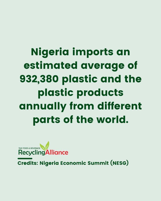 According to the Nigeria Economic Summit Group, the country imports an estimated average of 932,380 plastic products annually from different parts of the world. #LetsMakeWasteValuable #FBRA #FBRAlliance