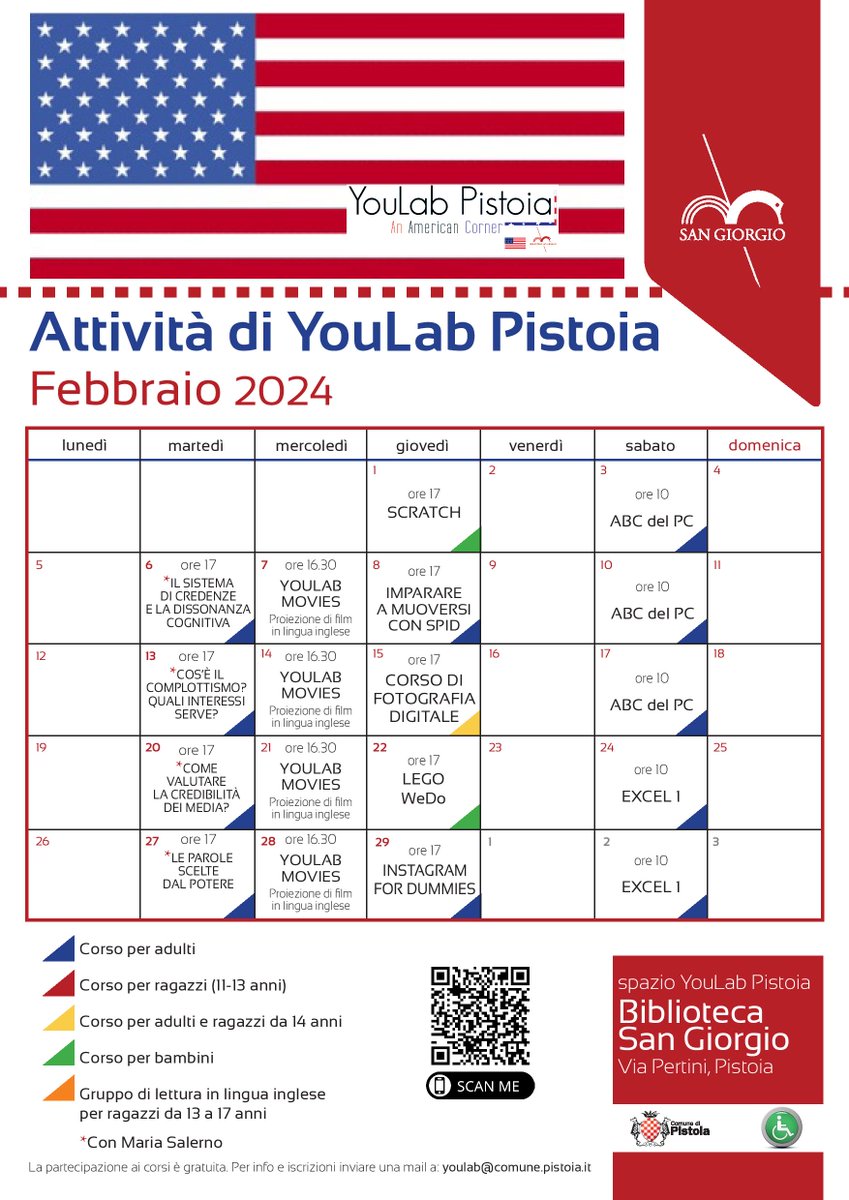 Il nuovo calendario dei corsi targati YouLab di febbraio è pronto!!!
I corsi sono gratuiti. Per iscriversi inviare una mail a youlab@comune.pistoia.it, indicando il corso al quale si intende partecipare