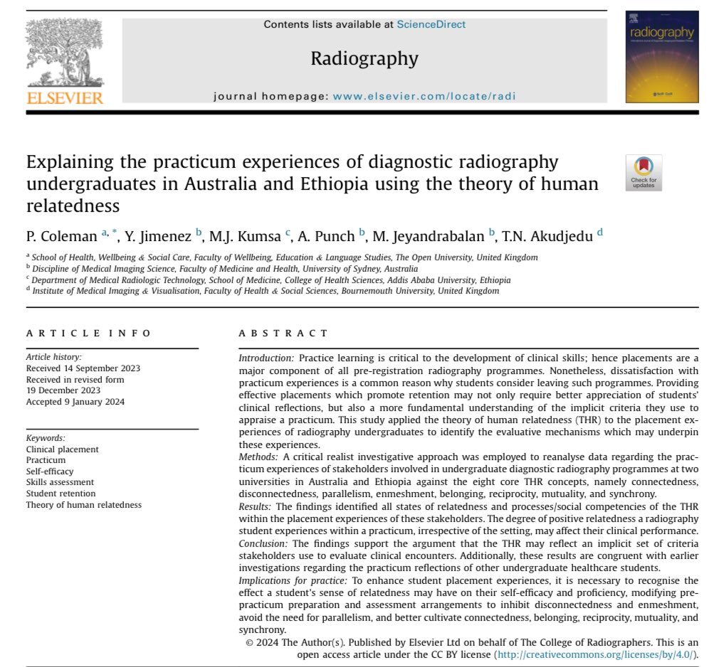 How do we explain the #radiography clinical placement experiences of our students across diverse settings?

We answered this question in our latest article published in the <a href="/RadiographyJour/">Radiography Journal</a> together with a brilliant international team 🇬🇧🇦🇺🇪🇹 
 #OpenAccess: sciencedirect.com/science/articl…