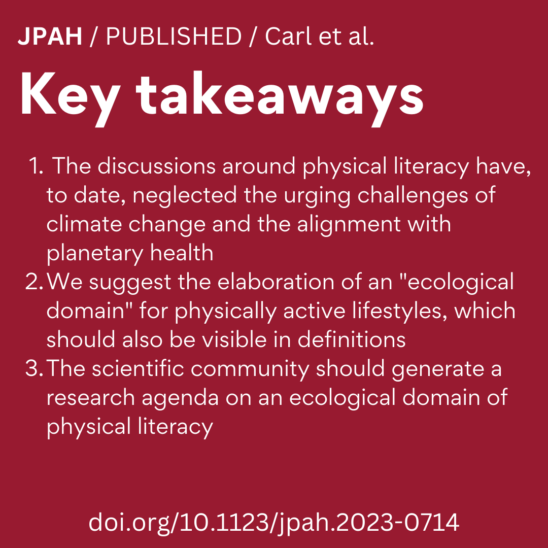 The concept of physical literacy (PL) has strongly influenced #physicalactivity research &amp; policy, but has yet to include a planetary health focus. This commentary calls for the elaboration of an "ecological domain" of PL for physically active lifestyles 🔗doi.org/10.1123/jpah.2…