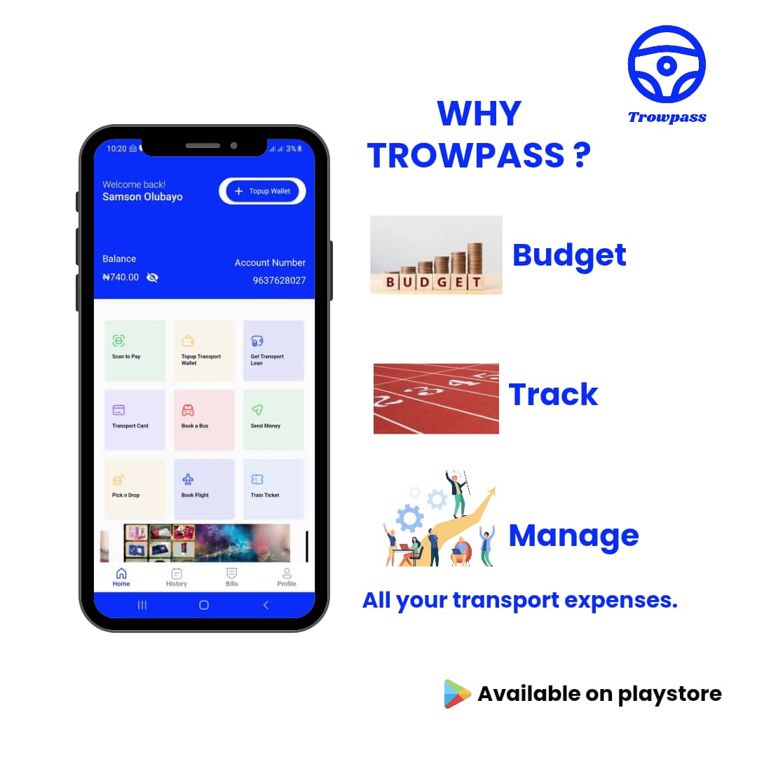 Trowpass makes commuting smarter, not harder!

Budget like a boss, take charge of your transport cost by setting a spending limit, track expenses, and stay in control of your transport budget with Trowpass.

Download Trowpass today.
available on Playstore.