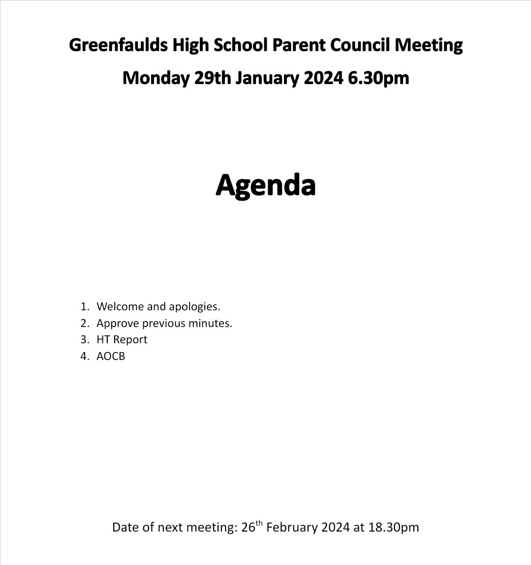 The next @Greenfaulds_HS Parent Council Meeting will take place online on Monday January 29 at 6:30pm. All parents/carers of young people at the school are welcome to attend and should contact the school office for the required link. Please see the attached image for the agenda.