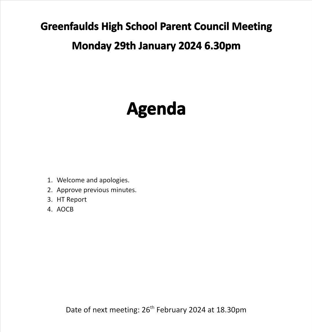 GHS Parent Council (@ghsparents) on Twitter photo The next <a href="/Greenfaulds_HS/">Greenfaulds HS</a> Parent Council Meeting will take place online on Monday January 29 at 6:30pm. All parents/carers of young people at the school are welcome to attend and should contact the school office for the required link. Please see the attached image for the agenda. The next <a href="/Greenfaulds_HS/">Greenfaulds HS</a> Parent Council Meeting will take place online on Monday January 29 at 6:30pm. All parents/carers of young people at the school are welcome to attend and should contact the school office for the required link. Please see the attached image for the agenda.