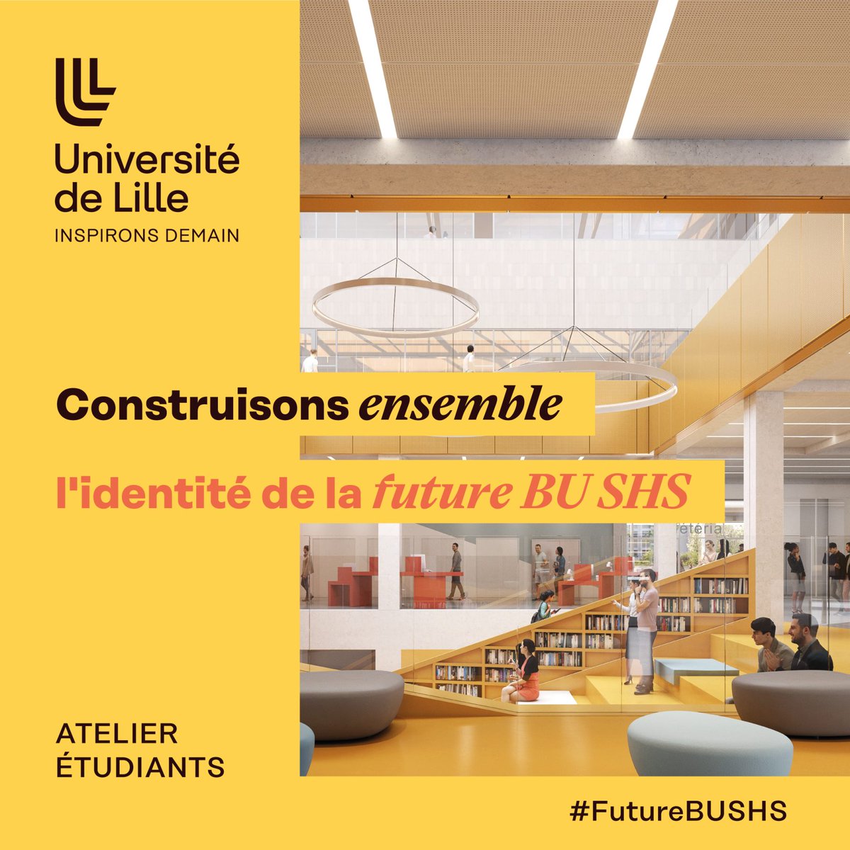 👉 Étudiant.e.s <a href="/univ_lille/">Université de Lille</a> : construisons ensemble l'identité de la future #BUSHS !
Participez à un atelier : le 29 janvier dès 9h15 ou le 30 ou le 31 janvier dès 17h sur le campus Pont de Bois et repartez avec des goodies
ℹ Plus d'infos : swll.to/sS2sCjy