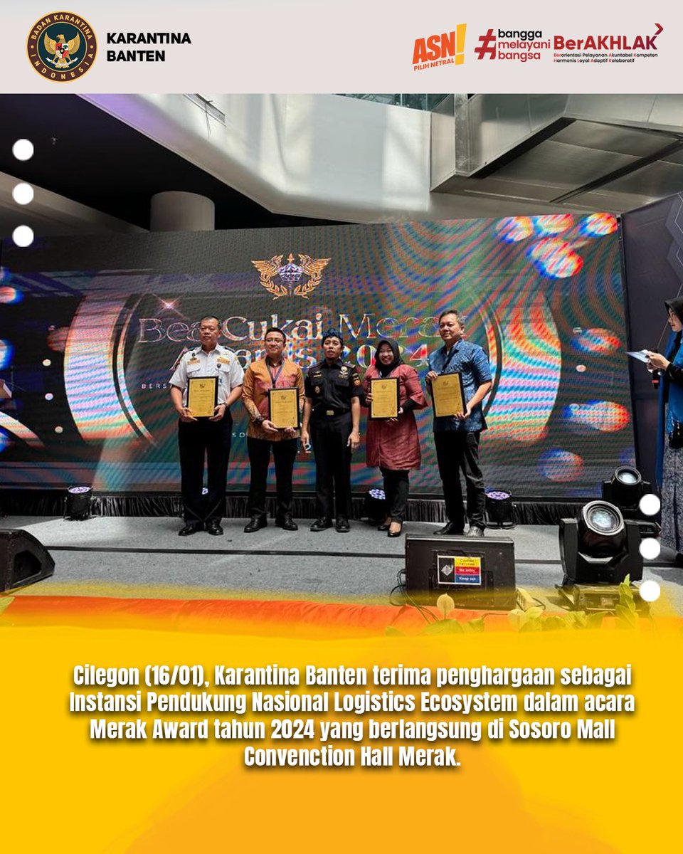 KarantinaSHT's tweet photo. Karantina Banten Terima Penghargaan Sebagai Pendukung Nasional Logistics Ecosystem

#LaporKarantina🐕🐟🍎 https://t.co/b6JoyE3dWQ