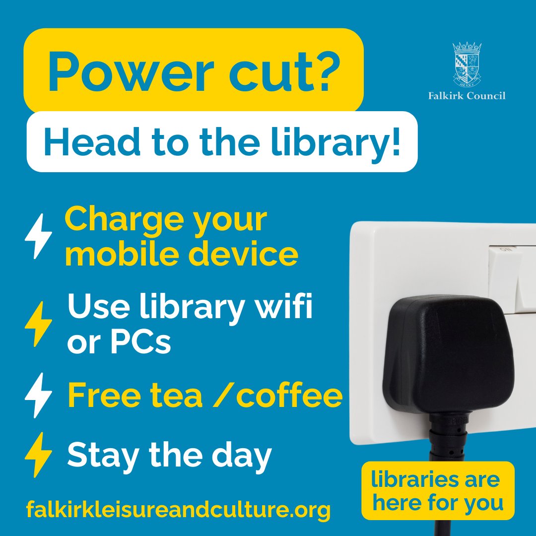 If you're in one of the homes in the area that are still without power this morning, remember that libraries are open.
You can spend the day in the library, no membership needed.  We have free hot drinks and you can charge your mobile device too.