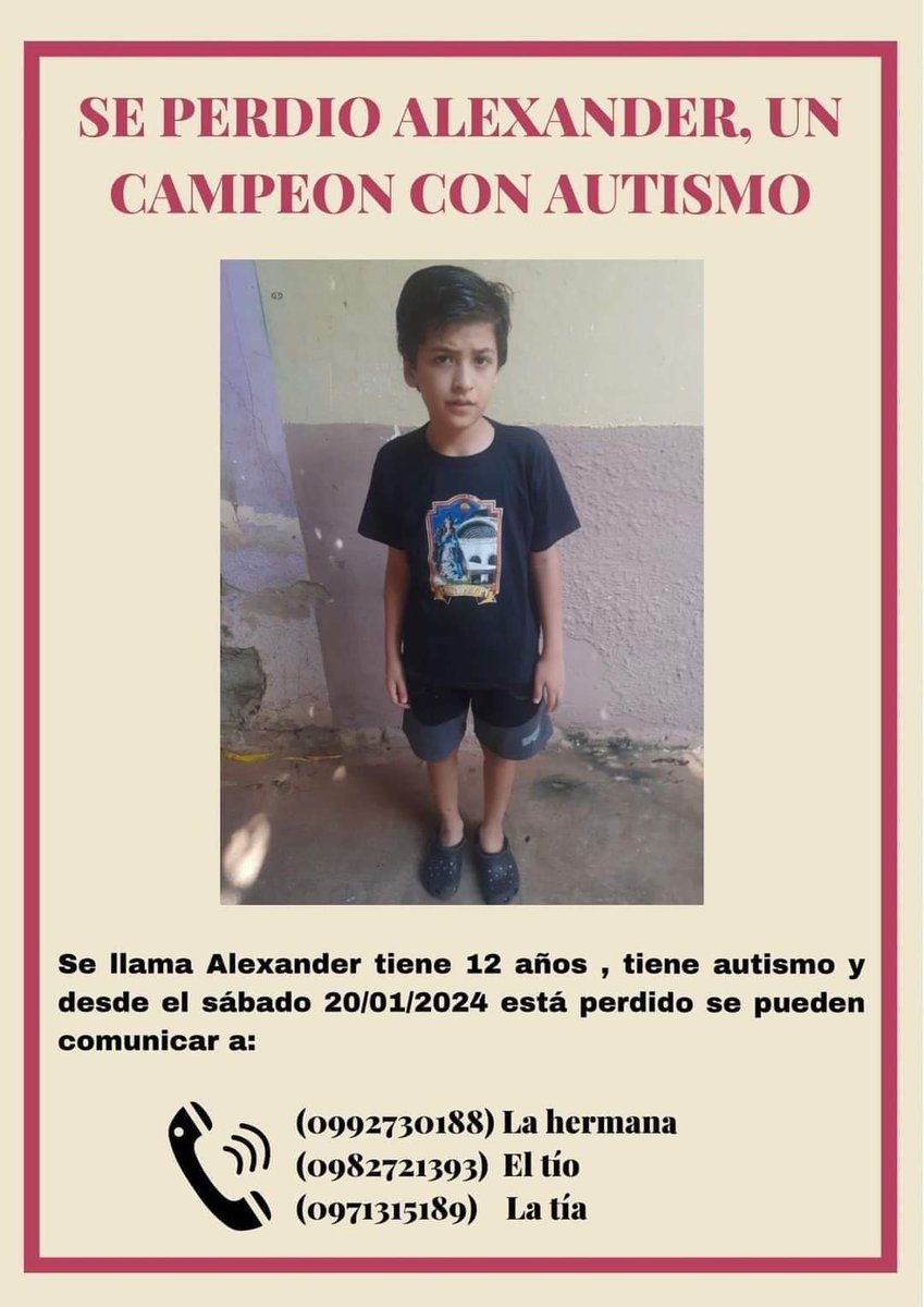 ATENCIÓN | ⚠️ 

Piden ayuda para encontrar a Alexander | 🔎

Es de Capiatá, entre ruta 1 y 2, según mencionan habría subido a un bus y de ahí ya no saben nada de él.