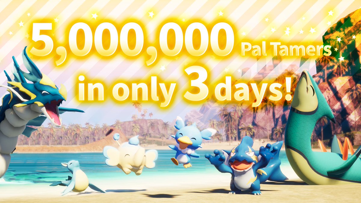 Palworld_EN's tweet image. #Palworld has sold over 5 million copies in only 3 days!

Thank you soooo much!
In addition, thank you for all the illustrations on #PalworldArt and videos on #PalClips from all over the world!

Please leave a review if you've been enjoying your time in Palworld!
#Pocketpair