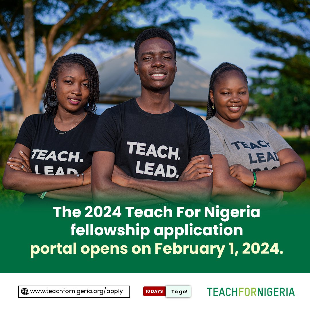 The countdown to the 2024 fellowship application has begun! 

The application portal to become a fellow opens in 10 days. If you are passionate about changing lives, join us; let's end educational injustice in Nigeria.

#2024TFNFellowship
#teachfornigeria