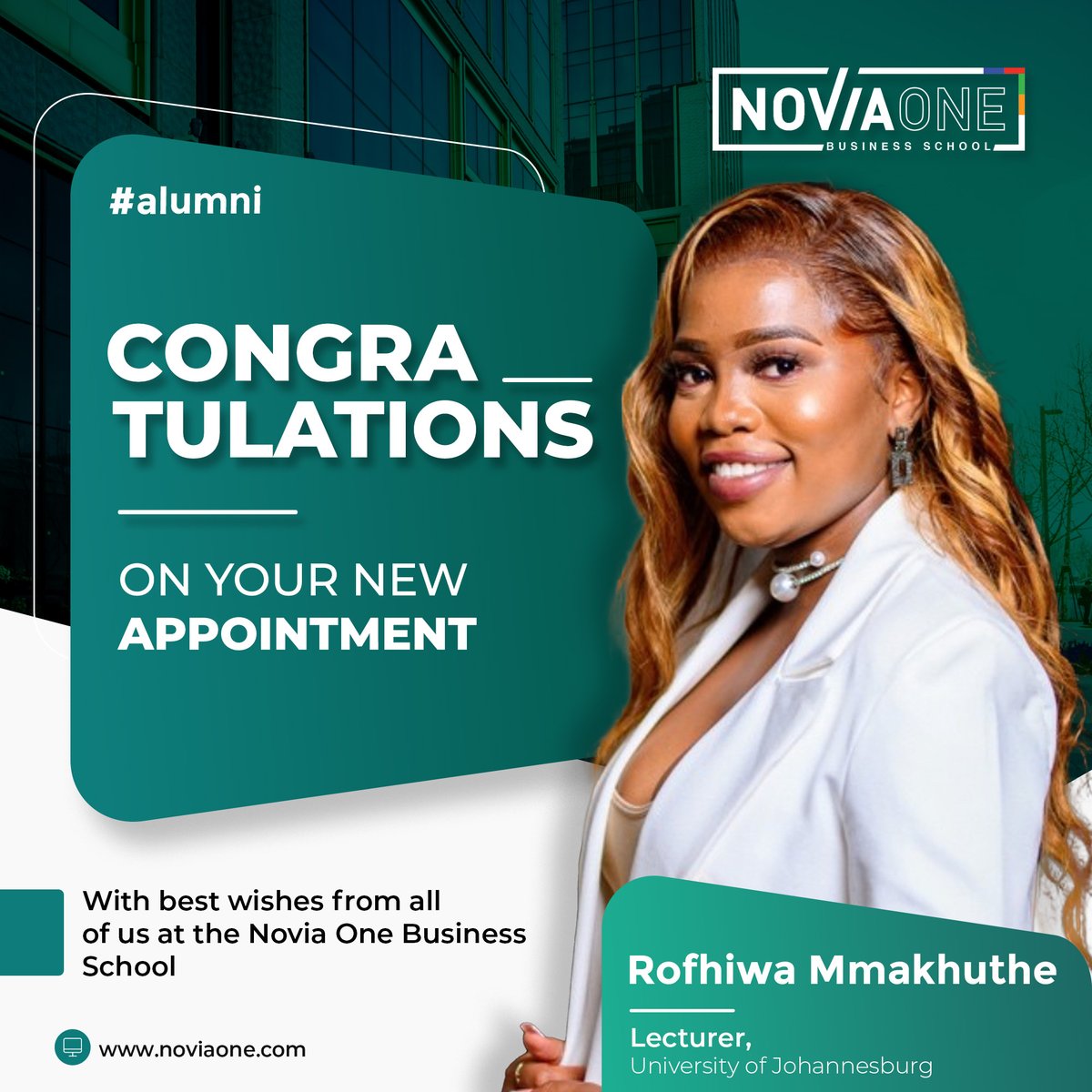 NoviaOneGroup's tweet photo. With our passion for education, it brings us great pleasure when we witness our students pursuing careers in this field. Our sincerest congratulations to graduate of our Banking and Financial Markets &amp; Instruments programmes, Rofhiwa Mmakhuthe.

#newappointment #alumninetwork https://t.co/kf9EHM1nOp