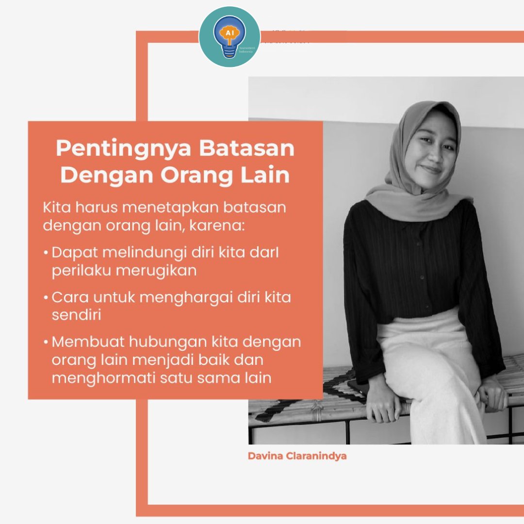 Assessment_id's tweet photo. Kenapa kita harus menetapkan batasan dengan orang lain ??

#batasan #boundaries #asesmenindonesia https://t.co/BQPLEoAjCq