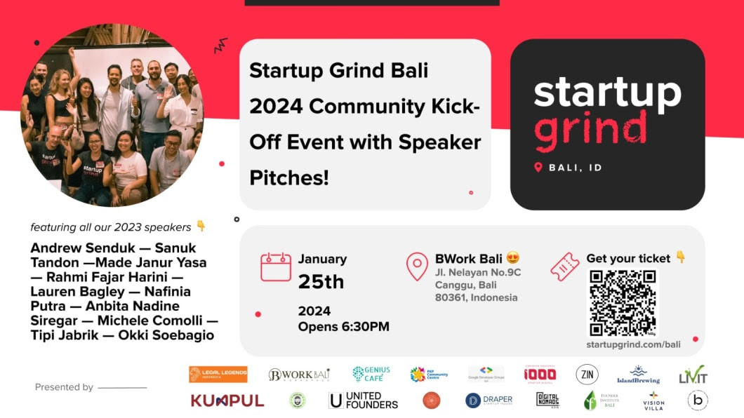 This Thursday: @SGrindBali is throwing a kick-off party! 🎉

Meet @asenduk, @GenGirlID, Lauren Bagley, Made Janur Yasa, @MicheleComollI, @dcr4v3r, Okki Soebagio, @EcoTourismBali, @sanuktandon, @kalibrrID, @asiansurfco, and many more

🎟️ Get your Tickets startupgrind.com/events/details…