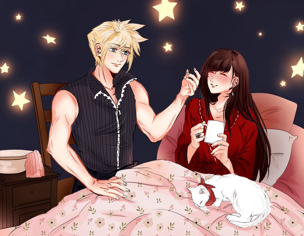 I commissioned this from the wonderful @hyoukanee and aw! It's too cute for words! I love it so much! In it, Tifa is sick and Cloud is taking care of her, because he loves her so much. Cute domestic Cloti! And MARU!!!
