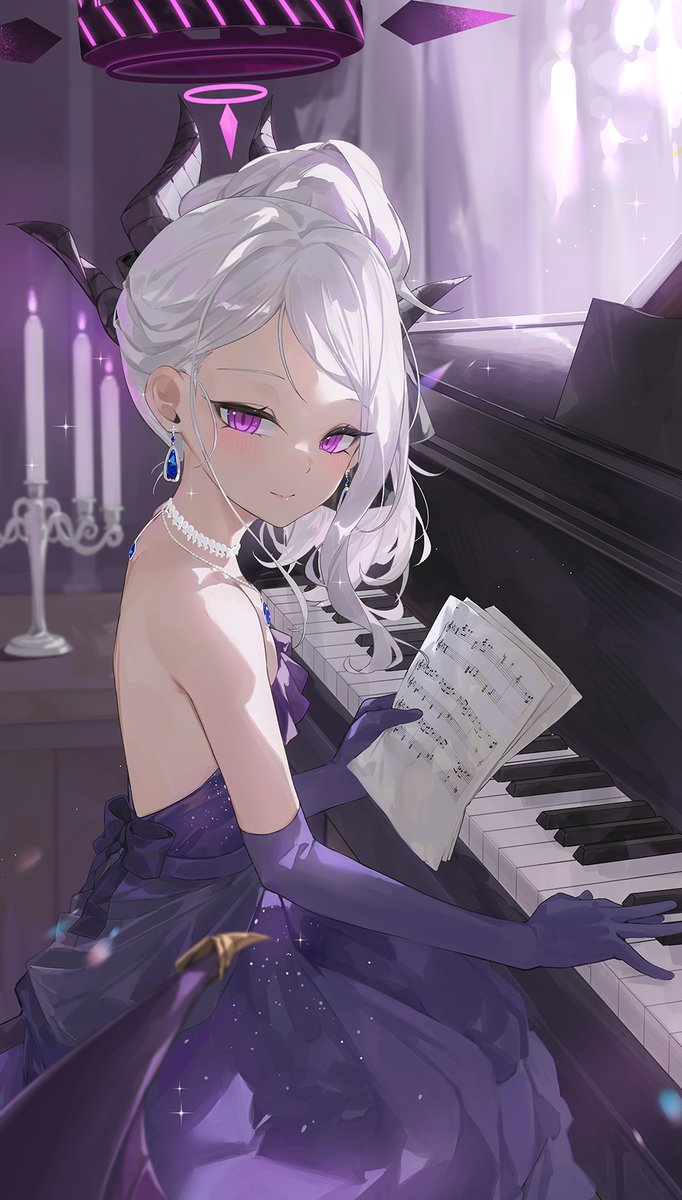 hina (blue archive) ,hina (dress) (blue archive) 1girl piano solo white hair dress halo horns  illustration images