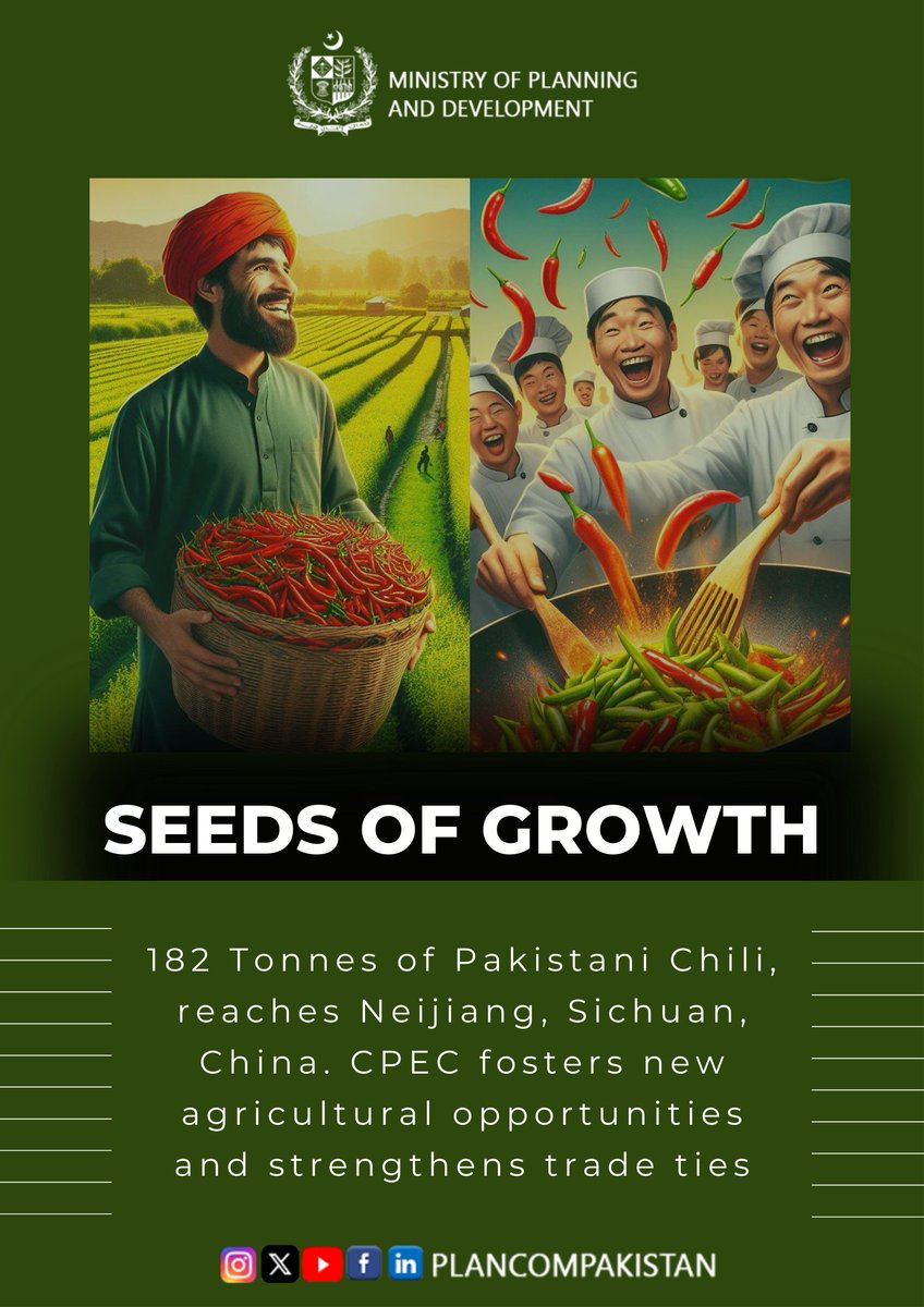 PlanComPakistan's tweet photo. 🇵🇰🇨🇳Pakistan exports its first-ever batch of dried chilies to Neijiang, Sichuan under #CPEC. The historic first shipment paves the way for #agricultural cooperation.

#CPEC fosters new agricultural opportunities and strengthens trade ties.

#LongLivePakChinaFriendship https://t.co/PgsO3X4j9X