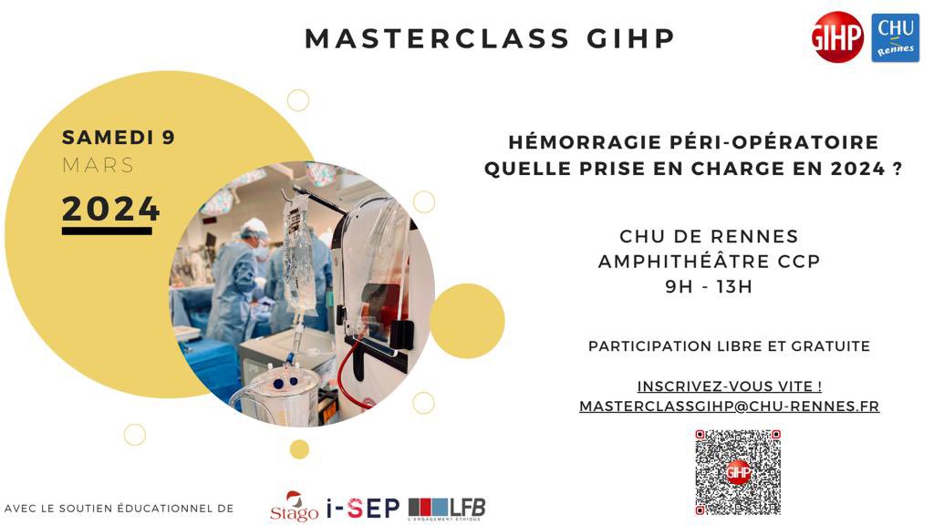 La suite: Le GIHP organise une nouvelle Master classe dédiée à la gestion de l’hémorragie péri-opératoire. L’occasion de revoir les classiques et de découvrir les nouveautés.C’est gratuit mais sur inscription.Nbr de places limité pour permettre l’interactivité! Flashez le QRcode.