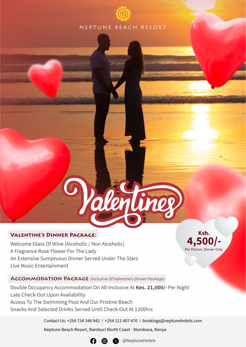 Celebrate love this Valentine's Day at Neptune Beach Resort. Reserve your table and let the waves of enchantment serenade your hearts under the stars. For bookings call: 0734346942 / 0785609881 / email: sales2@neptunehotels.com #valentinesday2024 #mombasa #neptunehotels