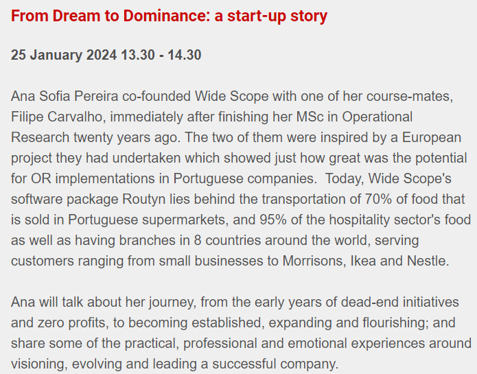 WomeninOR's tweet photo. Join us for the first WORAN event of 2024 'From Dream to Dominance: a start-up story' on the 25th January 2024 at 13.30
You can register here 👇👇👇
https://t.co/yu3vcBx4qa
@KatKent_ @ruth_kaufman @SedaSucu10 @nancyaukna @Hugojgt https://t.co/Tu1PIKmvy5