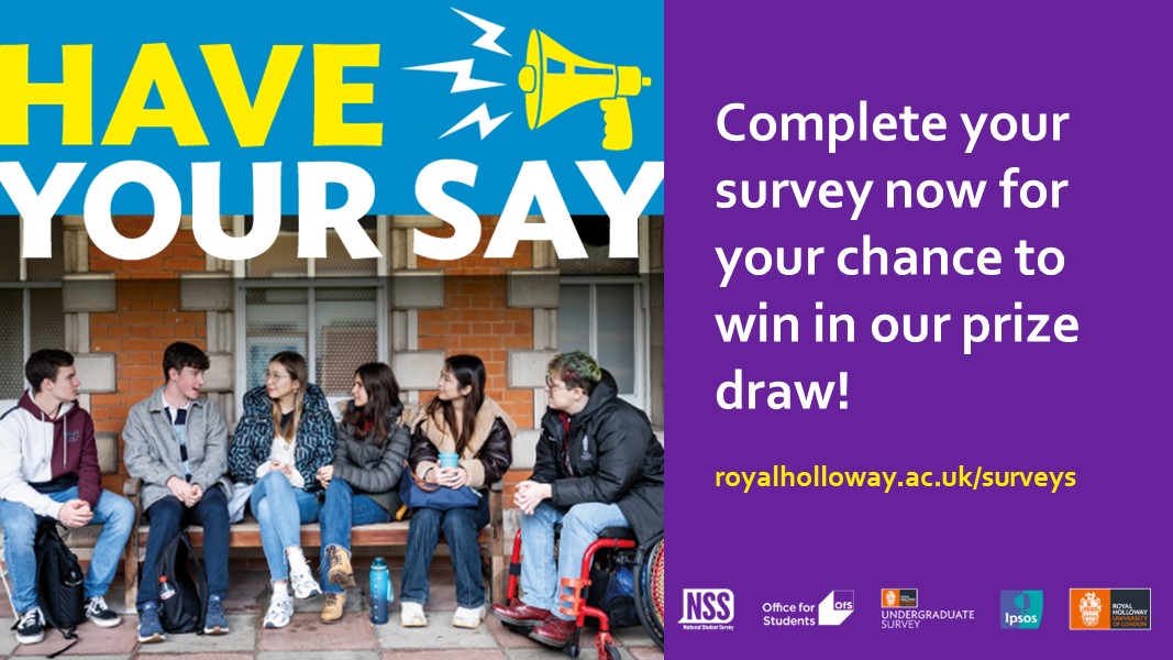 Have your say in the National Student Survey! This is your chance to reflect on your entire Royal Holloway journey and share your experiences to help shape what's next. 📣Have your say today at royalholloway.ac.uk/surveys 🎁 Then enter our prize draw for the chance to win!