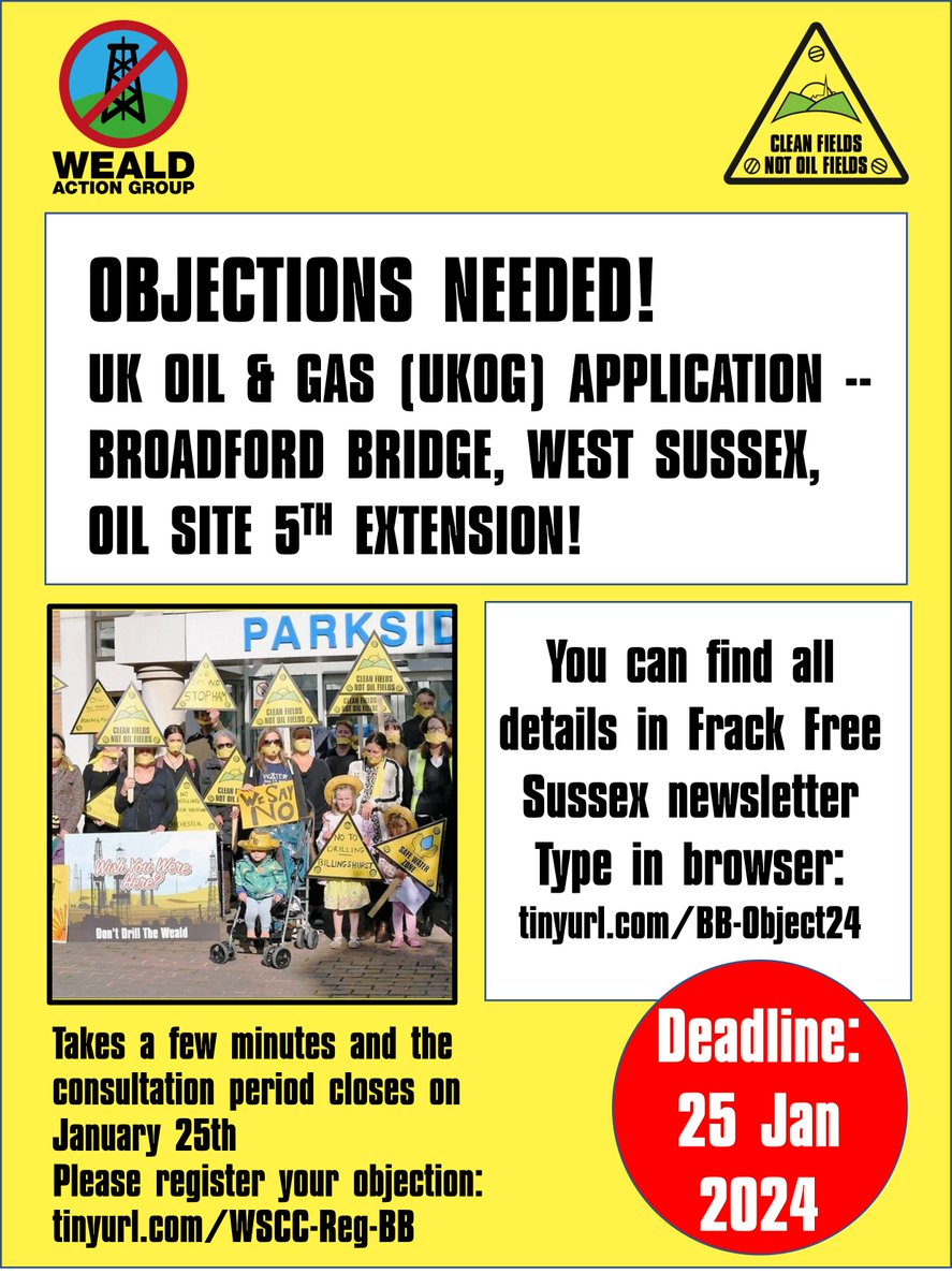 📢URGENT ACTION NEEDED - PLEASE OBJECT!!
UK Oil &amp; Gas (UKOG) has submitted yet another application to delay restoring their well they drilled at Broadford Bridge, West Sussex

📩Please object to this application before the 25 Jan deadline.

All details > tinyurl.com/BB-Object24