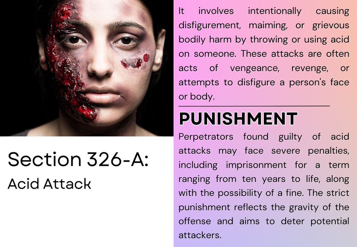 In the #fight against #genderbasedviolence #Section326A plays a crucial role in dealing with the heinous crime of #AcidAttack It outlines severe penalties, sending a strong message that society will not tolerate such acts. #EmpowerWithKnowledge #BreakTheChain #BreakTheSilence