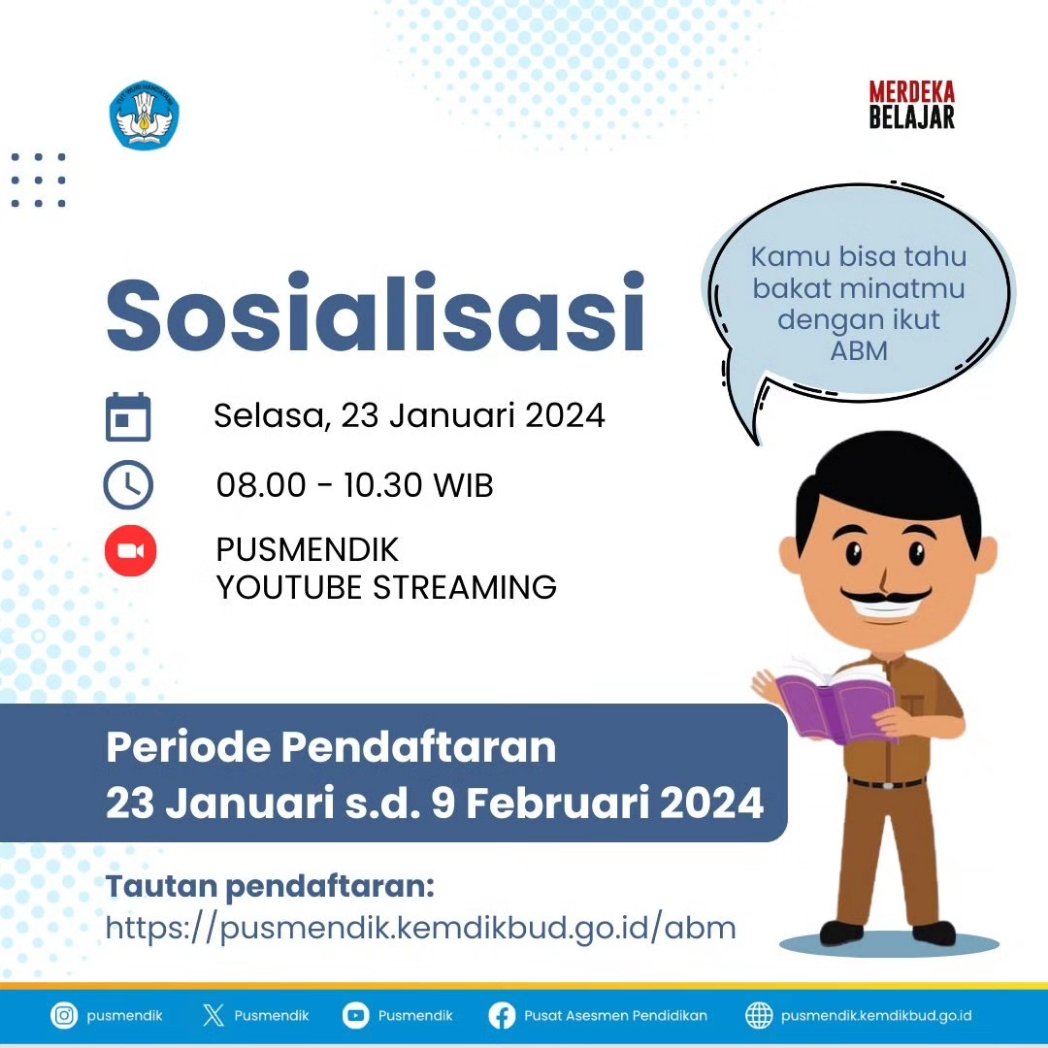 Pusmendik's tweet photo. Halo, Sobat Asesmen. Apakah kamu sudah tahu bakat dan minat kamu?

Yuk, Sobat Asesmen, cek postingan berikut untuk mengetahui tentang ABM beserta jadwal sosialisasi, pelaksanaan, dan pendaftaran ABM 2024.

Youtube: Pusmendik
Laman: https://t.co/6ueD8y4BnP https://t.co/MTRo2rf6wV