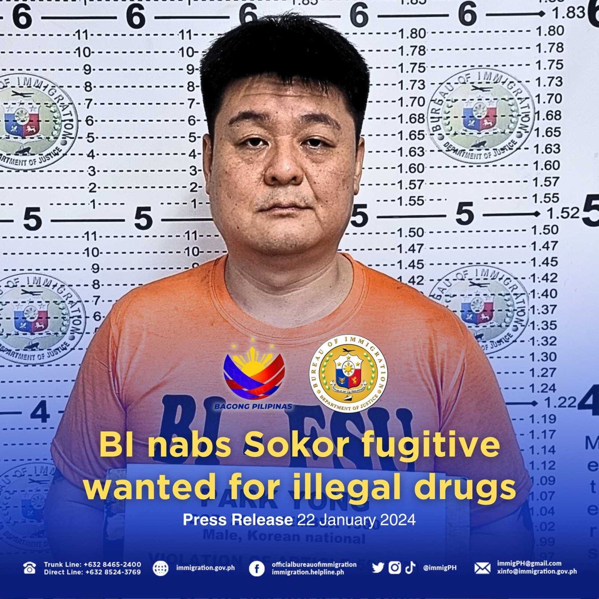 22 January 2024

BI NABS SOKOR FUGITIVE WANTED FOR ILLEGAL DRUGS

ANGELES CITY, Pampanga—The Bureau of Immigration (BI) announced the arrest of a South Korean national wanted by authorities in his country for trading illegal drugs.

READ: facebook.com/immigration.he…