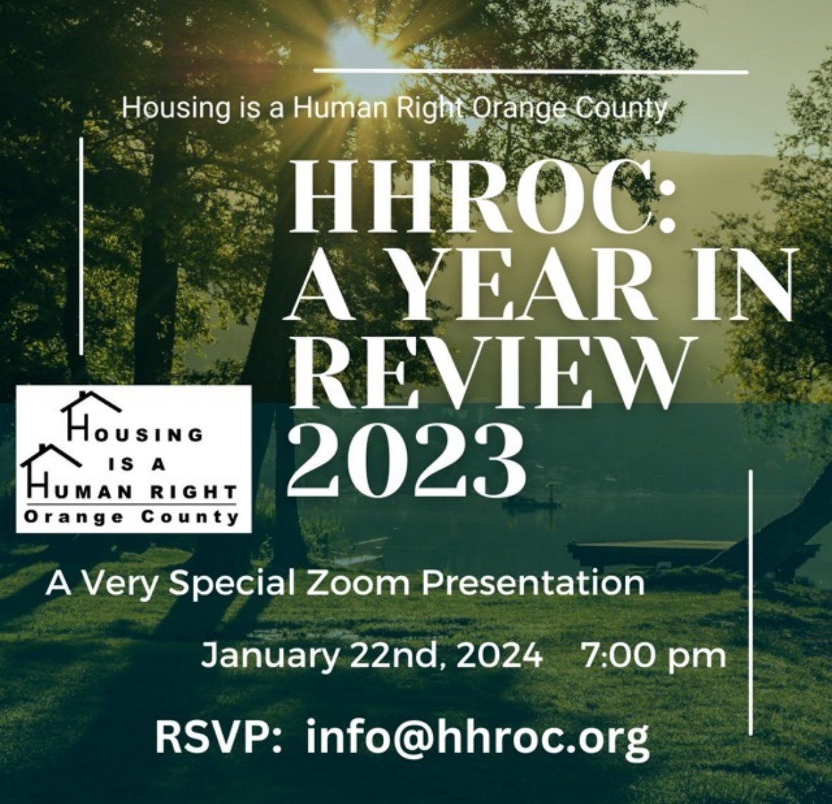 Please join us on our journey through 2023, "HHROC: A Year in Review." Monday, Jan 22, 2024 at 7:00 pm. Email info@hhroc.org to RSVP.