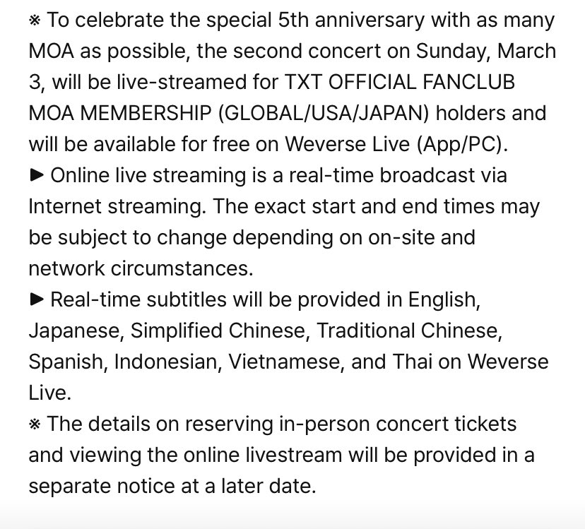 translatingTXT's tweet photo. 5th anniversary fanlive, 'present x together' will be held on march 2nd and march 3rd (5pm kst) 😭

the 2nd day of the fanlive will also be live streamed on weverse for free (for moa membership holders)!! 

@TXT_members @TXT_bighit https://t.co/9bQ9KRfpSu