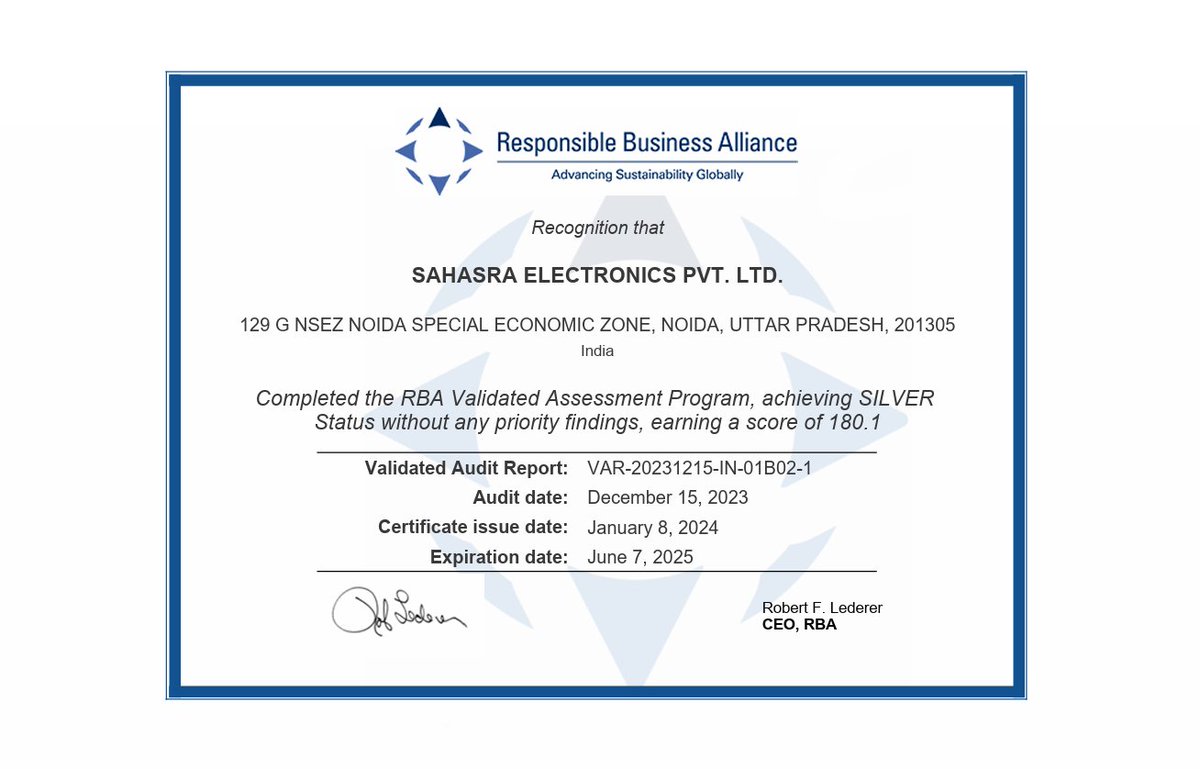 SahasraGroup's tweet photo. Growth is our mantra, we at @Sahasra strive for it to be inclusive. Happy to announce Sahasra Electronics Pvt Ltd is RBA certified with a silver status. Look ahead to continue working within the framework of #reponsible practices, that are #holistic & transparent #GrowthMindset https://t.co/cMdDYQlHQ3