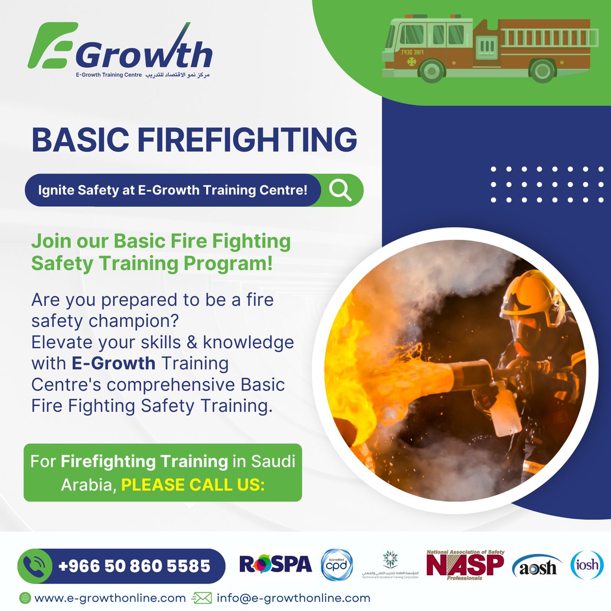 economygrowthco's tweet image. Ignite your firefighting skills!
Join us on an exciting journey into the world of Basic Firefighting, 

+966 50 860 5585 | e-growthonline.com

#BasicFirefighting #FireSafetyTips #FirefightingSkills #StayPrepared #SafetyFirst #ProtectAndServe #FirefightersUnite #LifeSavers