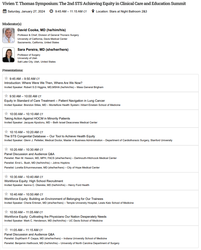 20 years ago @STS_CTsurgery Annual Meeting @roberthiggins32 chaired symposium on health care disparities in CT surgery. This year's Vivien T. Thomas Symposium re-visits the topic 'The 2nd STS Achieving Equity in Clinical Care and Education Summit' Sat, Jan. 26 9:45-11:15 AM