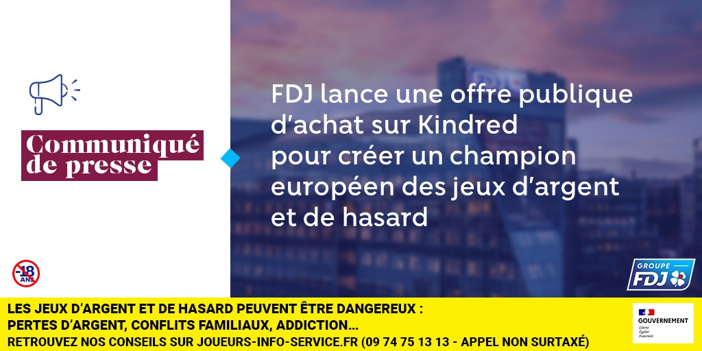 Pour mettre en œuvre son ambition de devenir un acteur international des jeux d’argent et de hasard, FDJ annonce le dépôt d’une offre publique d’achat (OPA) sur l’ensemble du capital de Kindred, société cotée au Nasdaq Stockholm.
📄 Communiqué de presse : groupefdj.com/presse/fdj-lan…