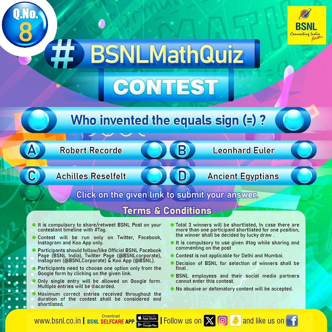 Today's question for the #BSNLMathQuiz. Who invented the equals sign (=) ? Submit your response before 11:59 PM (22 Jan 24). Click on the link to answer: shorturl.at/anu68 #ContestAlert #BSNL #BSNLContest #MathChallenge