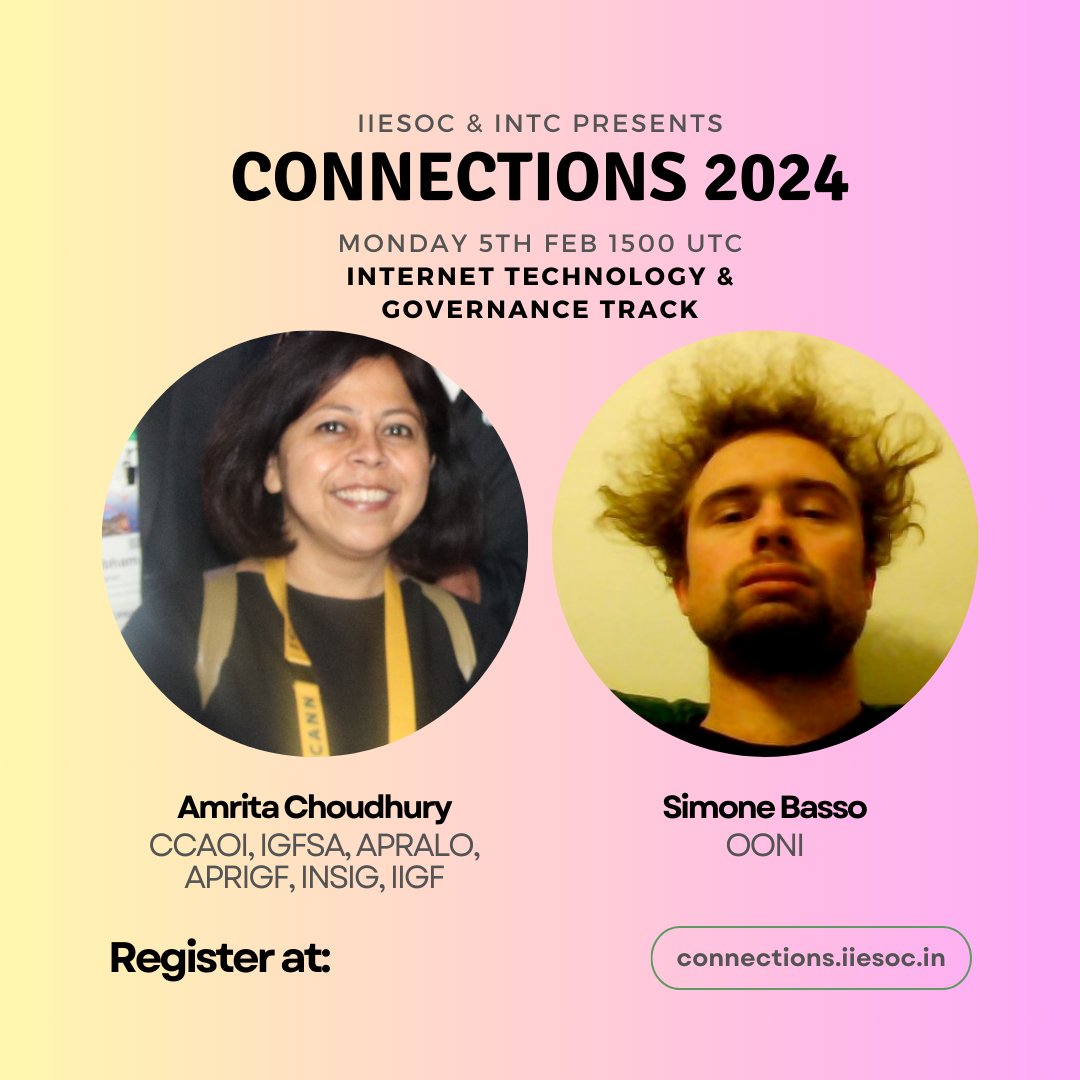 #Connections2024 will start with Internet Technology &amp; Governance on Mon, Feb 5, 2024, at 1500 UTC. 

<a href="/AmritaChoudhury/">Amrita</a> and Simone Basso with talk about Tech/Policy from an Indian Perspective followed by changes in the censorship since the Ukraine war!

connections.iiesoc.in