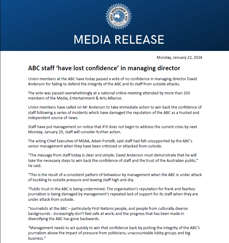 MEDIA RELEASE: Union members at the ABC have today passed a vote of no confidence in managing director David Anderson for failing to defend the integrity of the ABC and its staff from outside attacks. meaa.io/4b2XmlQ #NoFearNoFavour #MEAAmedia