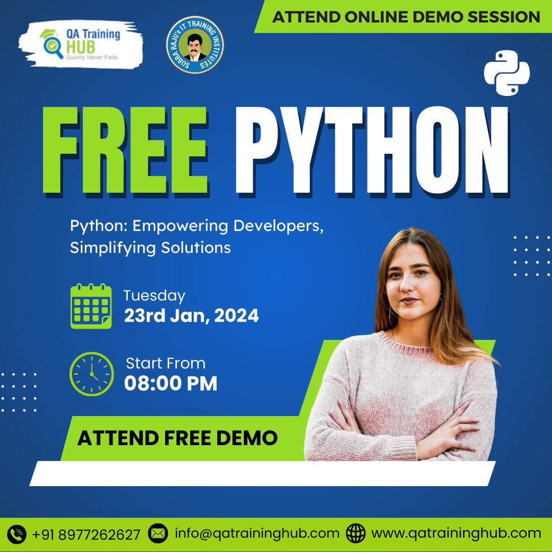 QATrainingHub's tweet image. 🚀✨Unleash the Power of Python – It's FREE! 🚀👉Join the Free Demo
🗓 Dates : 23rd JANUARY,2024
⏰ Time : 08:00 PM
📩Join Now -🌐Visit: 🔗 qatraininghub.com
#bestsoftwaretraining #inhyderabad #freepython #manualtesting #QA #softwaretesting #qualityassurance