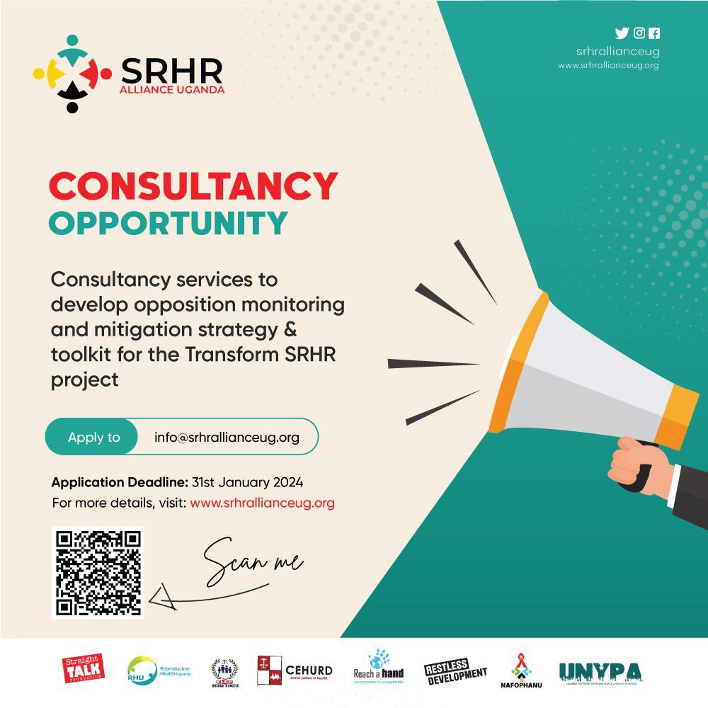 📢 Consultancy Services Needed for the Transform SRHR Project to;

✅Develop Opposition Mitigation Communications Strategy 
✅Conduct Baseline Assessment 
✅Develop Opposition Monitoring &amp; Mitigation Strategy &amp; Toolkit

For more details visit srhrallianceug.org
