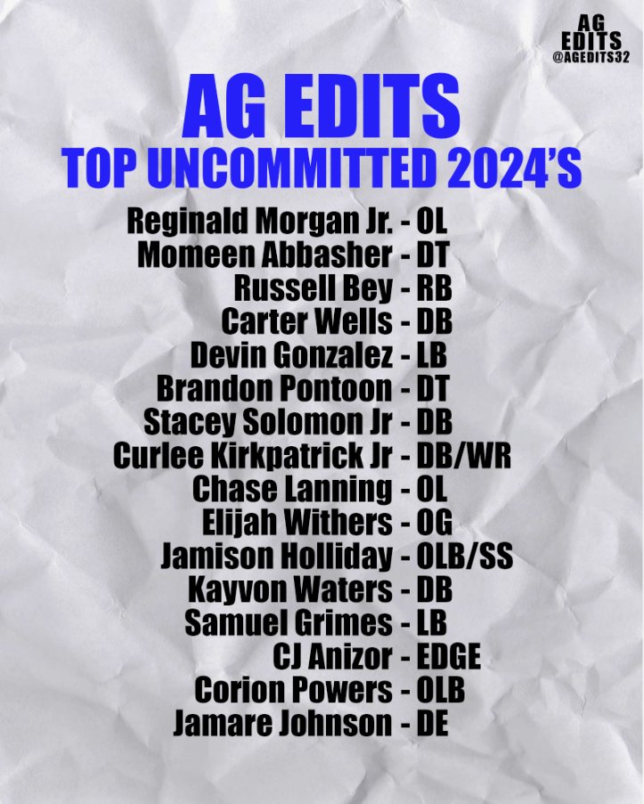 My Top Uncommitted 2024's From the film evaluation submissions. No Specific order. @reggie72morgan @russellbey23 @Carterwells24 @Devin_Gonzalez_ @PontoonBrandon @SWSOLO007 @CKJ_24 @ChaseLanning50 @ElijahWithers1 @HollidayJamison @KayvonWaters @samuelgrimes05 @cjaniizor