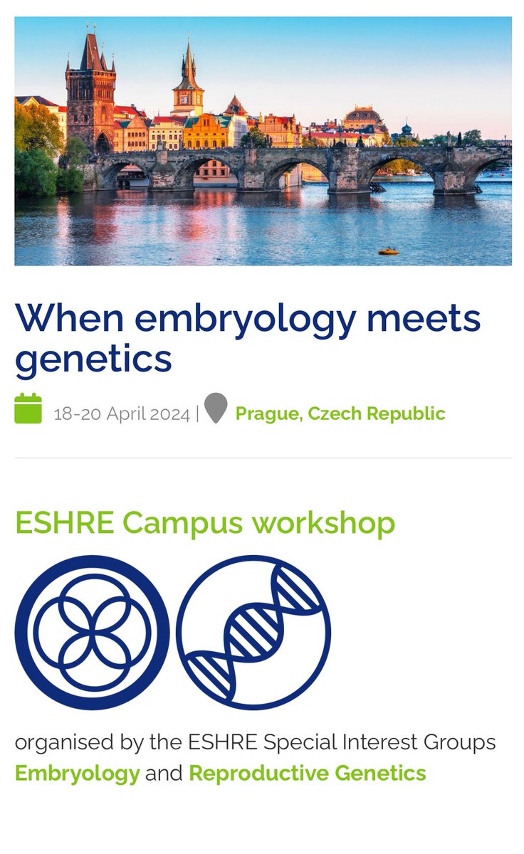 ESHRESIGEmbryo's tweet photo. 🎓NEW CAMPUS🎓

“When Embryology meets Genetics” 

Come join us for 3 days of learning about current and most modern genetics technologies to assess gamete and embryo competence in the IVF lab. 

🔗 Details &amp; registration: https://t.co/GPzXBzqAmP
📍Prague 🇨🇿 
📆 18-20 April 2024 https://t.co/ZpWPecYokH