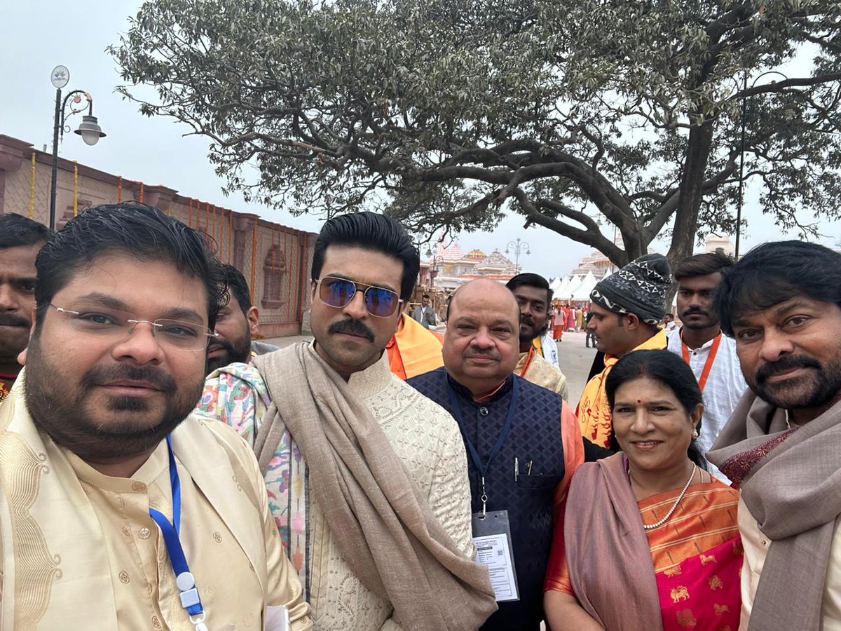 Father-son duos at Ayodhya. Megastar @KChiruTweets Garu, Mega Power Star @AlwaysRamCharan Garu, #TejNarayanAgarwal Garu and Producer @AbhishekOfficl Garu attend the Ram Mandir Pran Pratishtha at the Shri Ram Janmabhoomi Teerth Kshetra, Ayodhya 🚩 #राम_का_भव्य_धाम