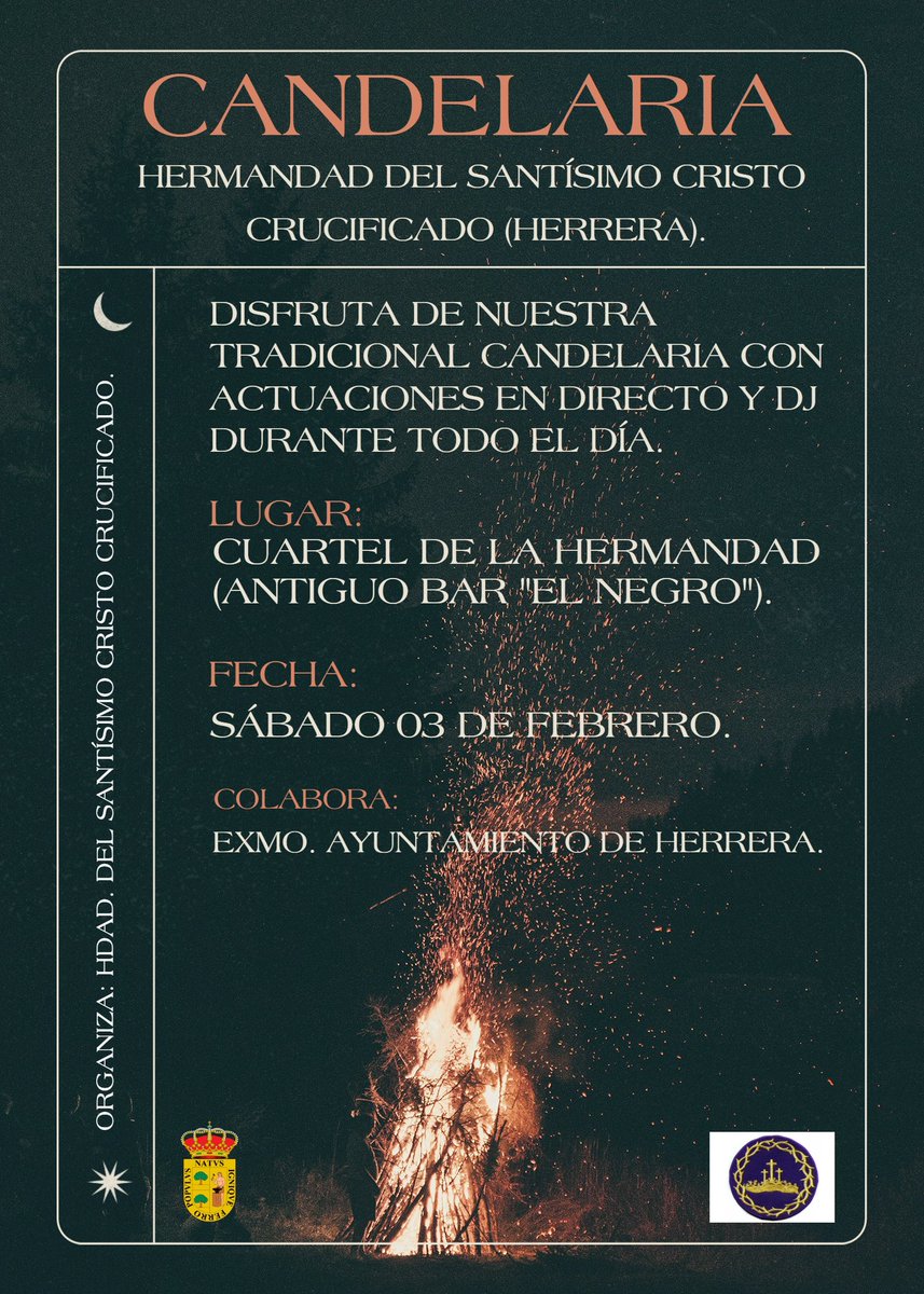 Cartel anunciador de nuestra ya tradicional Candelaria, que se celebrará el próximo SÁBADO 3 DE FEBRERO en la Casa-Cuartel de la Hermandad (antiguo "Bar El Negro") desde mediodía.

¡Te esperamos!