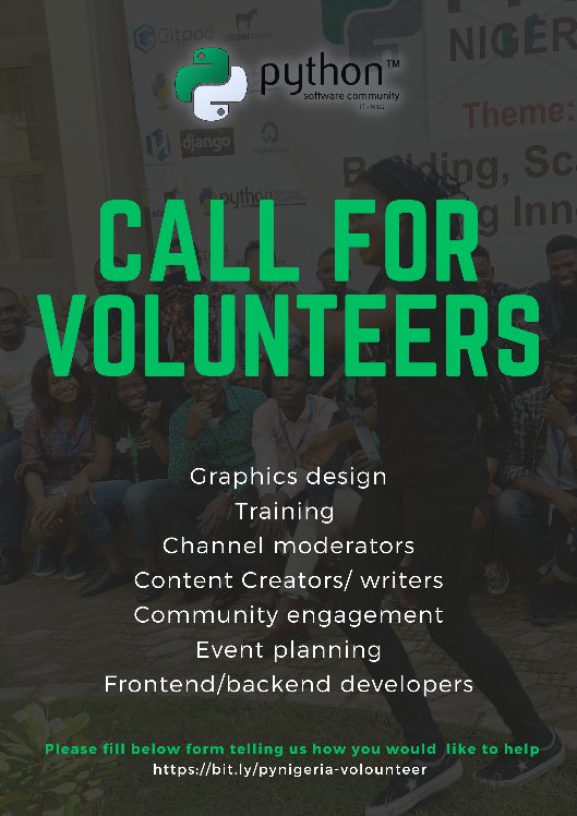 PythonNigeria's tweet image. Calling all Python enthusiasts in Nigeria! 🇳🇬 be a part of the vibrant Python community. Volunteer with passion!
bit.ly/pynigeria-volo… #PythonNigeria #PyconNg2024