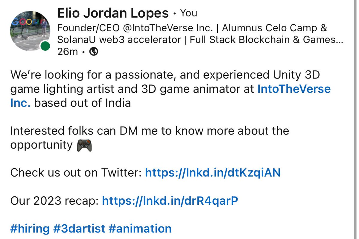 We’re hiring at <a href="/IntoTheVerse_/">IntoTheVerse I #OnchainGamingIsReal🎮</a> <a href="/IntrantInferis/">Intrant Inferis 🧙 Solana Mobile Game 🎮</a> 
- Unity 3D game lighting artist 
- 3D game animator 
based in Asian time zones

Reach out to me or comment below if interested! 

#hiring #gameart #3Dartist #3Danimation #unity