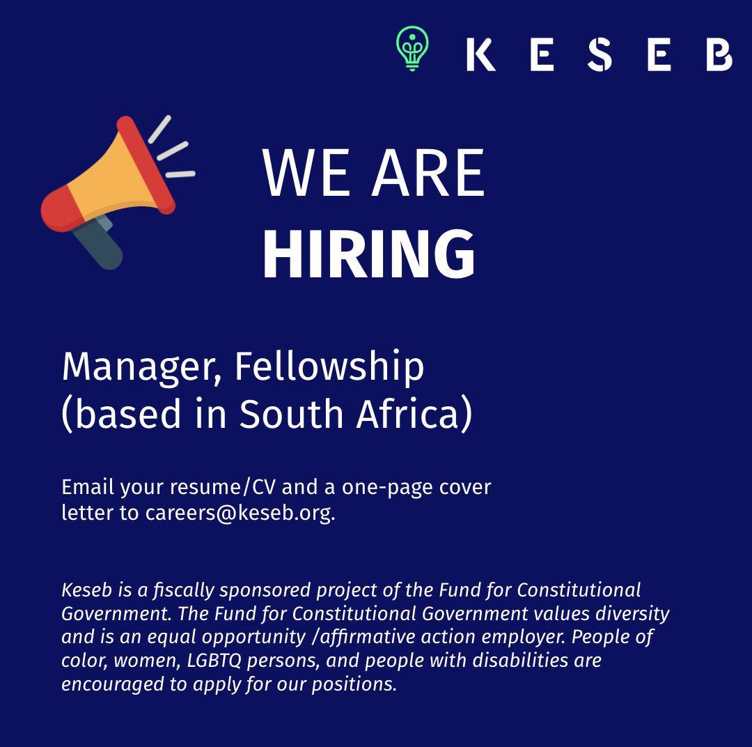 Take a look at this brilliant #democracy job, based in South Africa. 🚨 @KesebGlobal is hiring a Fellowship Manager to join their team and engage in the critical work of defending, strengthening and reimagining democracy around the world. INFO: drive.google.com/file/d/11F4Azn…