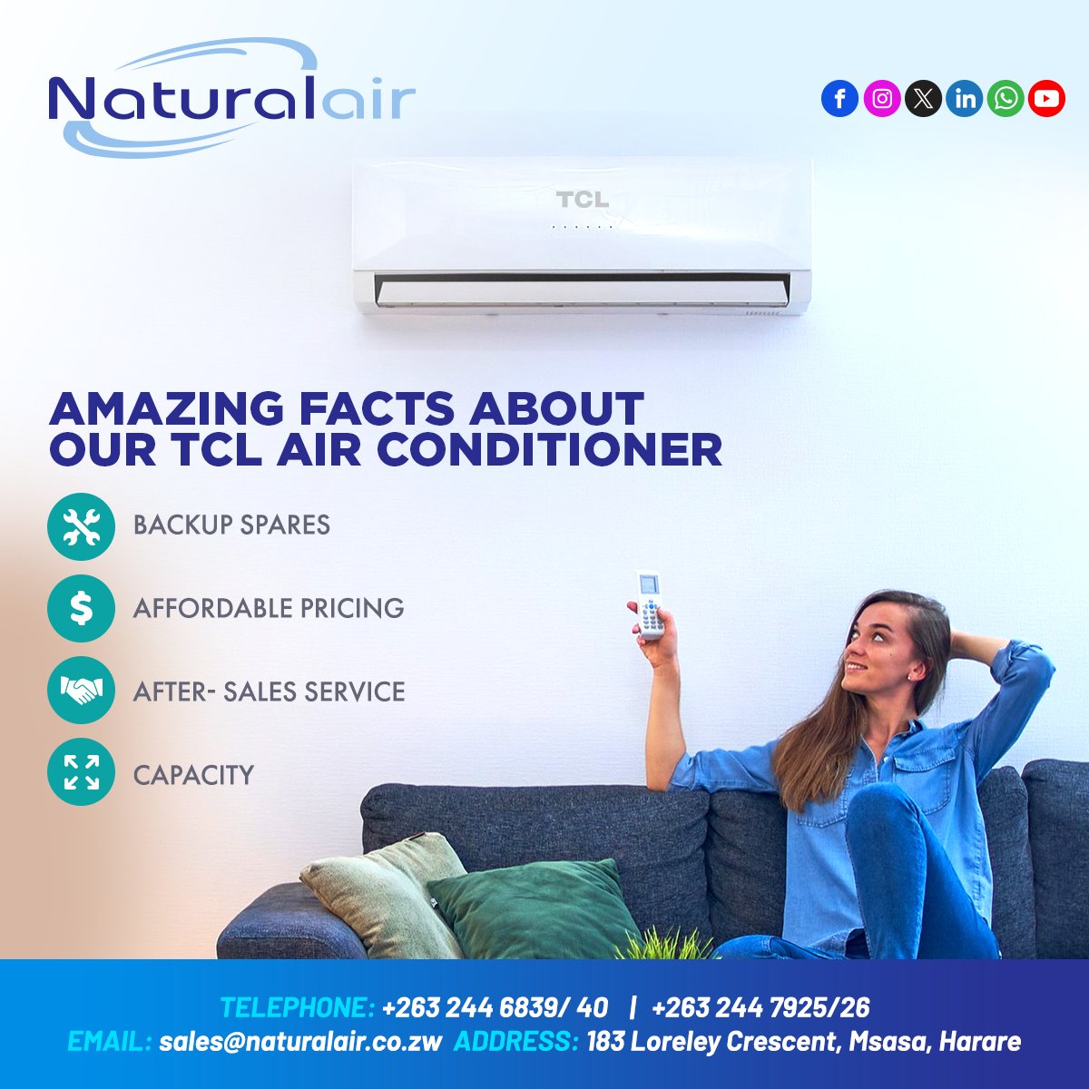 Naturalair_'s tweet photo. Hello, it's Monday!
Did you know about these amazing facts about our TCL air conditioner?
Contact us today on.
Tel | +263 244 6839/40
WhatsApp | +263 78 162 6089
Email | sales@naturalair.co.zw
#naturalair #keepingthingscool #HVAC #airconditioning
#cooling #heating #AC https://t.co/a4snTcseap