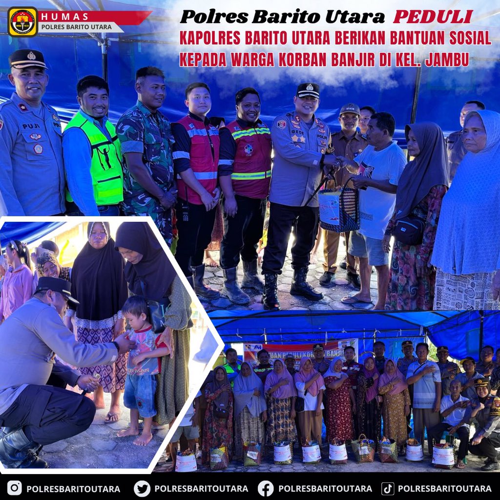 humasresbarut's tweet photo. Kapolres Barito Utara, AKBP Gede Eka Yudharma, S.I.K., M.A.P., menunjukkan kepeduliannya terhadap warga yang terdampak banjir di Kelurahan Jambu, Kecamatan Teweh Baru, Kabupaten Barito Utara, Senin (22/1/24) siang, dengan memberikan bantuan sosial berupa sembako.
@DivHumas_Polri https://t.co/xmWZzfaScL